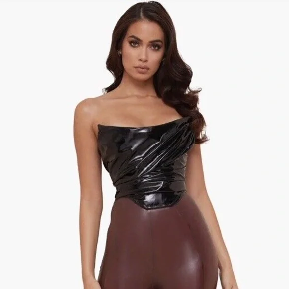 House Of Cb Marla Faux Patent Leather Corset Top Extra Small Black NWT - Picture 6 of 6